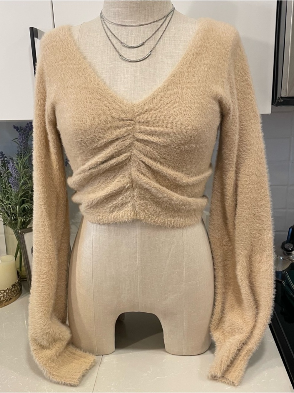 Hollister Cream Fuzzy Crop Knit Top (Comfortable and cute)